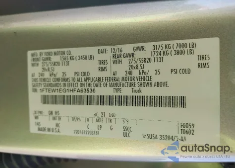 2017 Ford F-150 Lariat z USA, uszkodzony, nr VIN 1FTEW1EG1HFA63536